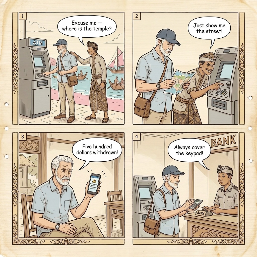 Labuan Bajo ATM Skimming & Remote-Area Cash-Fraud — comic illustration