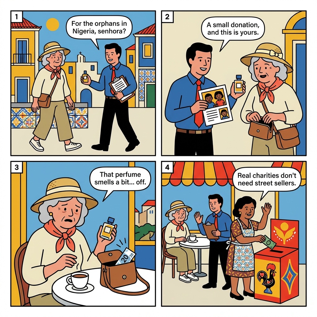Lagos 'Fake Charity / Orphans Perfume' Street Scam — comic illustration