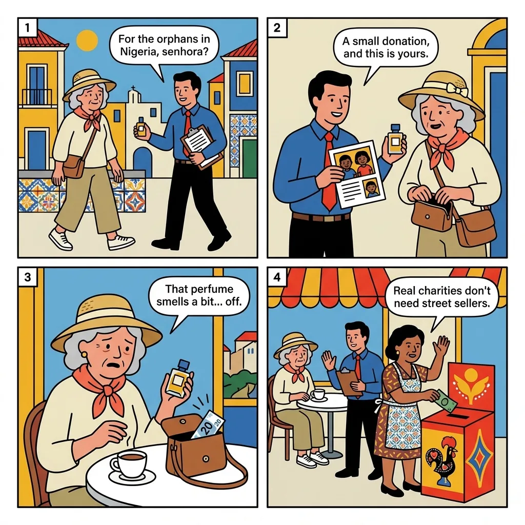 Lagos 'Fake Charity / Orphans Perfume' Street Scam — comic illustration