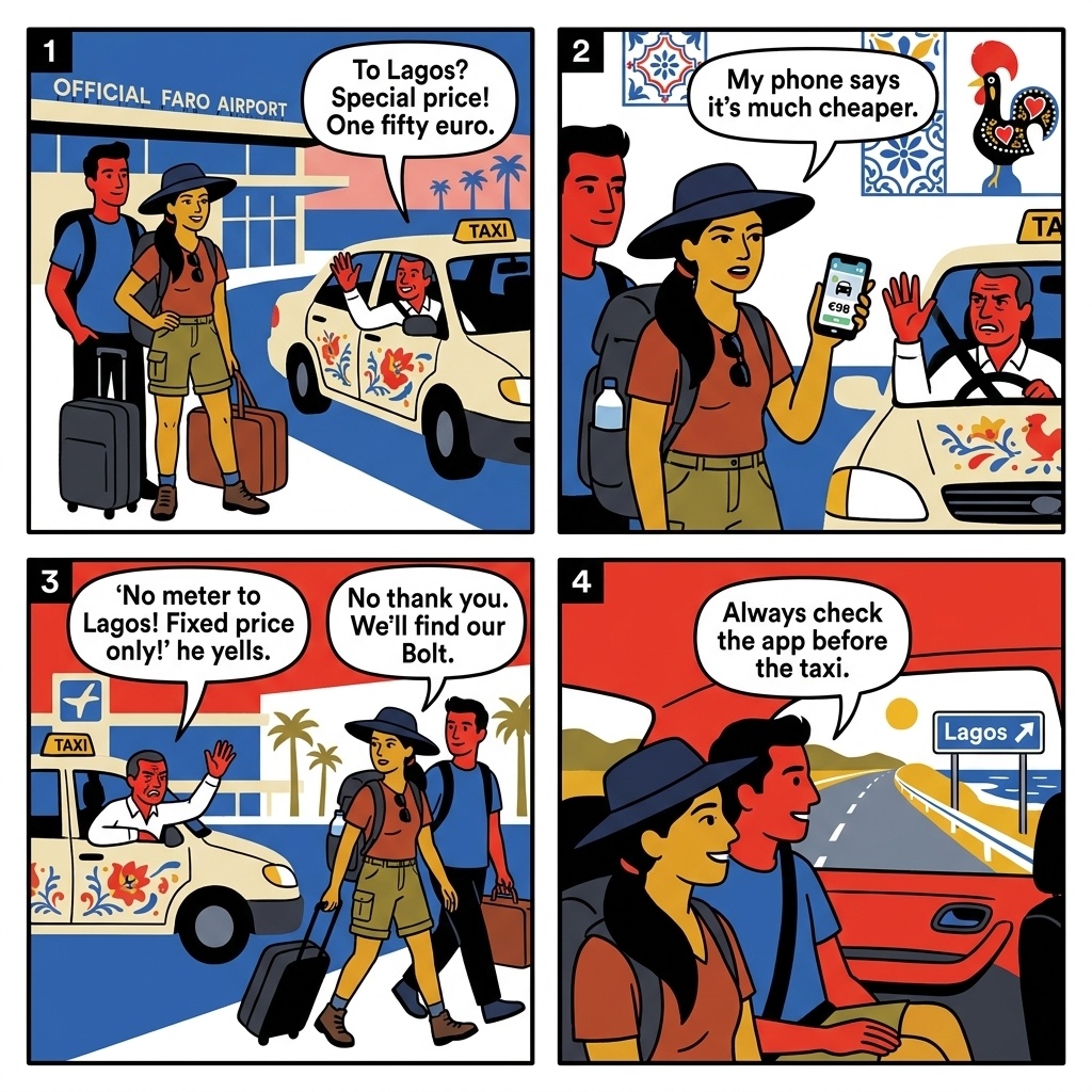 FAO-to-Lagos Transfer Overcharge (Taxi + Train + Shuttle Gotchas) — comic illustration