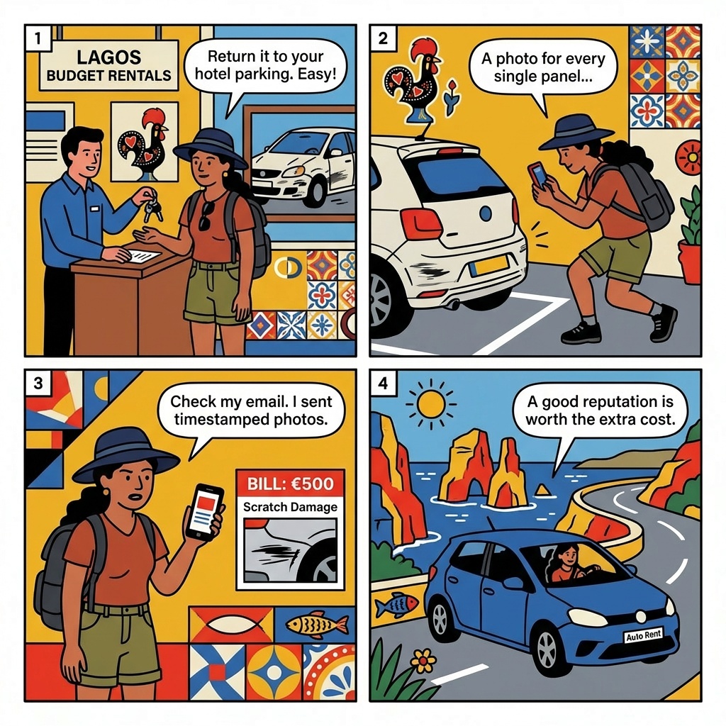 Lagos Rental Car Fraud (Klass Wagen + Regional Operators) — comic illustration