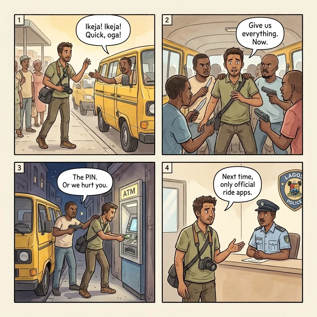 The Lagos 'One Chance' Robbery Bus — comic illustration