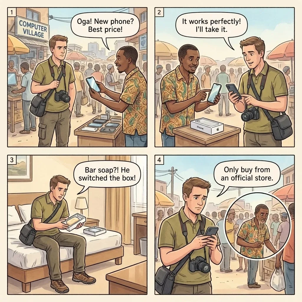 The Computer Village Counterfeit-Electronics Switch — comic illustration