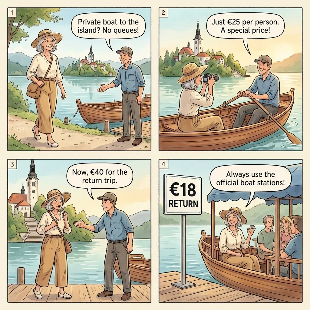 The Lake Bled Unlicensed Pletna 'Private' Charter — comic illustration