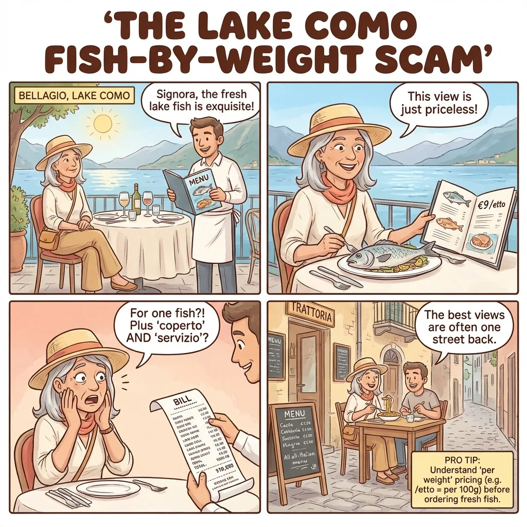Lungo-Lario "Menu with Lake View" Surcharge — comic illustration