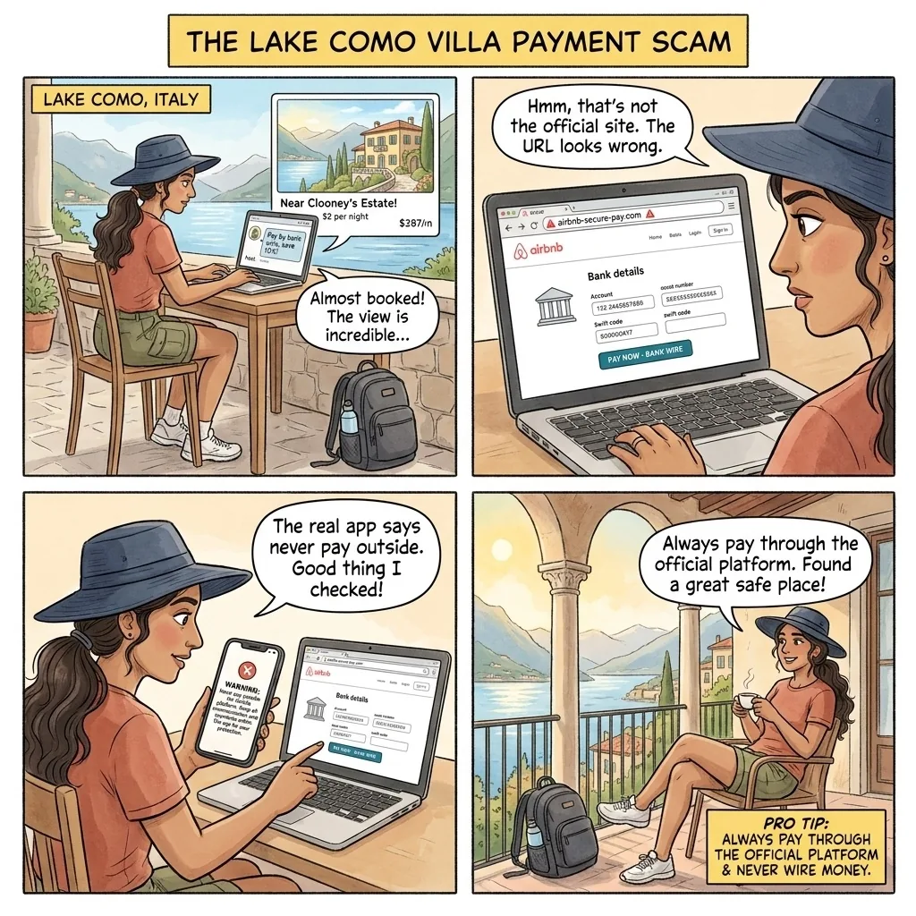 Fake Clooney-Villa Rental & Airbnb Redirect — comic illustration
