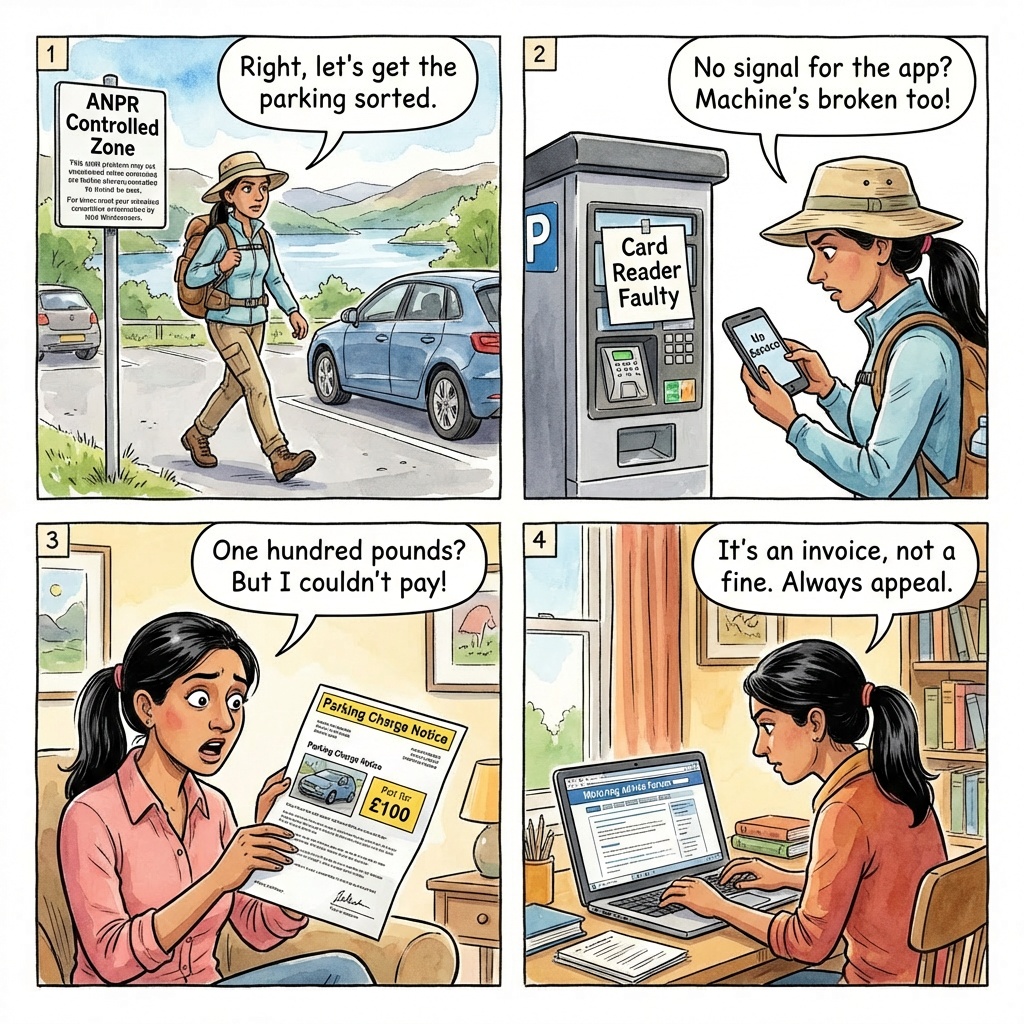 Lake District ANPR Private-Parking Charge Notice (PCN) Trap — comic illustration