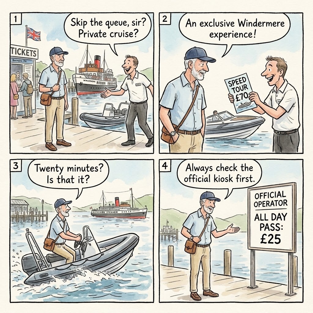 Windermere Lake Cruise Operator Confusion (Official Steamer vs Unlicensed RIB/Jet-Boat) — comic illustration
