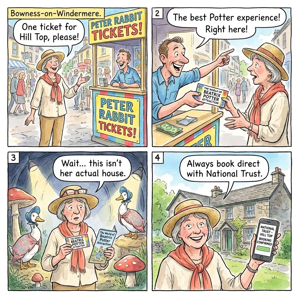 Beatrix Potter Attraction Confusion (Hill Top NT vs 'World of Beatrix Potter' Bowness) & Reseller Markup — comic illustration