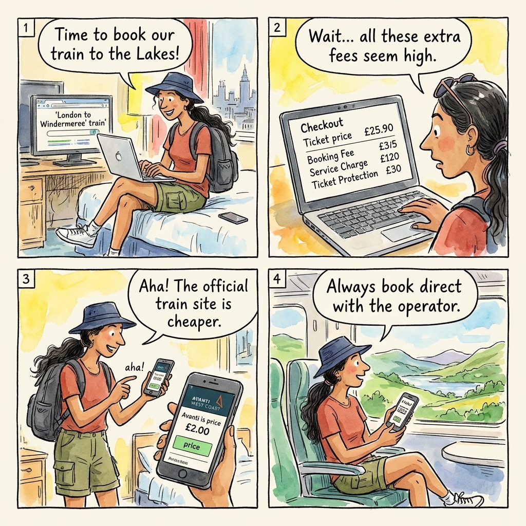 Windermere / Oxenholme Train Ticket Reseller & 'Tourist-Only Ticket' Markup — comic illustration