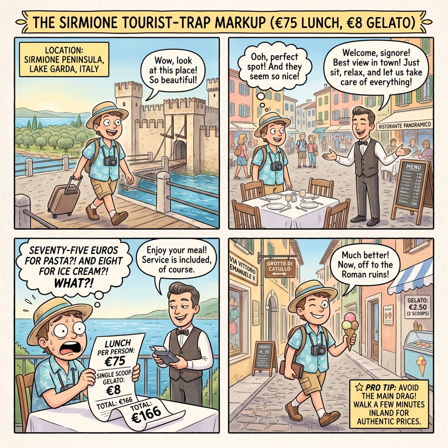 The Sirmione Tourist-Trap Markup (€75 Lunch, €8 Gelato) — comic illustration