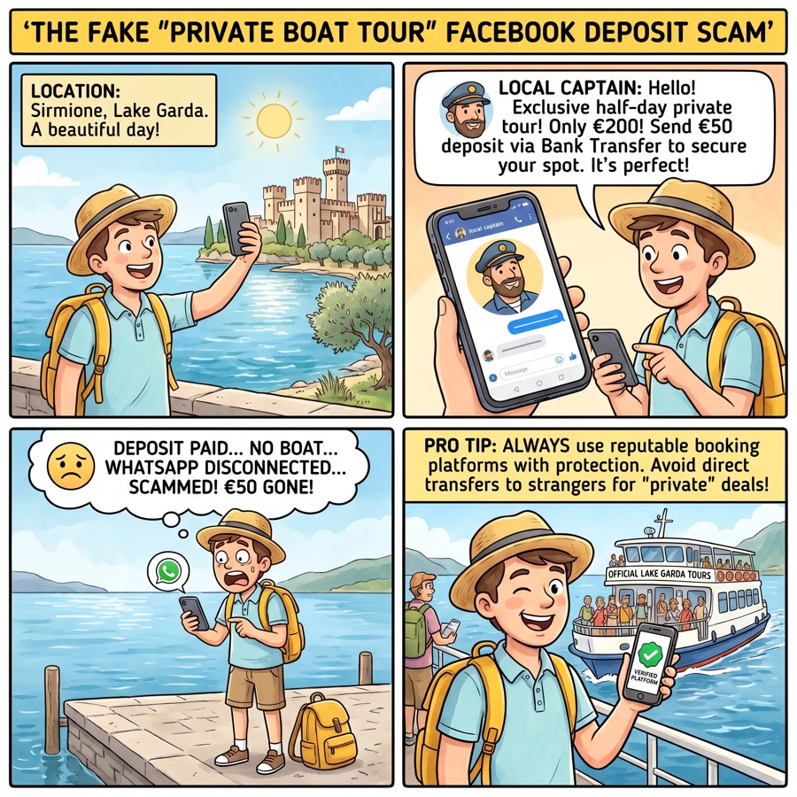 The Fake "Private Boat Tour" Facebook Deposit Scam — comic illustration