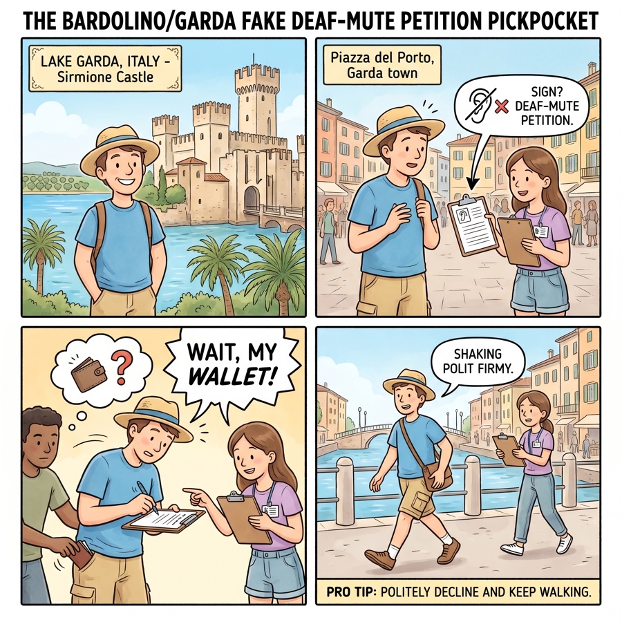 The Bardolino/Garda Fake Deaf-Mute Petition Pickpocket — comic illustration