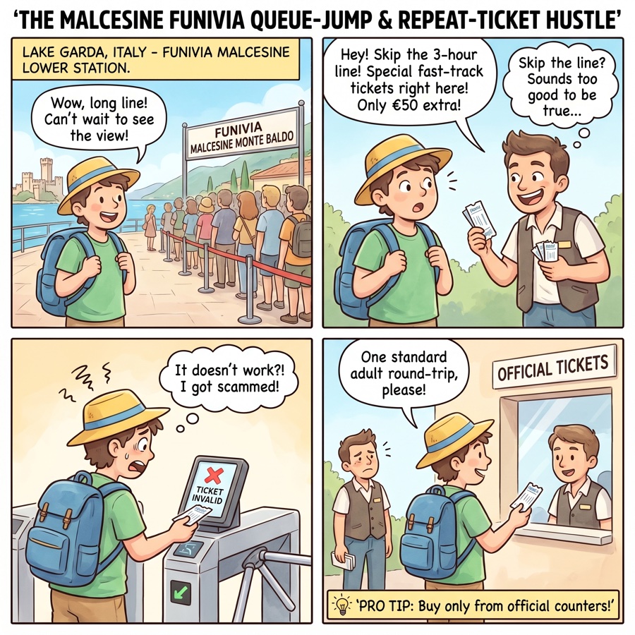 The Malcesine Funivia Queue-Jump & Repeat-Ticket Hustle — comic illustration
