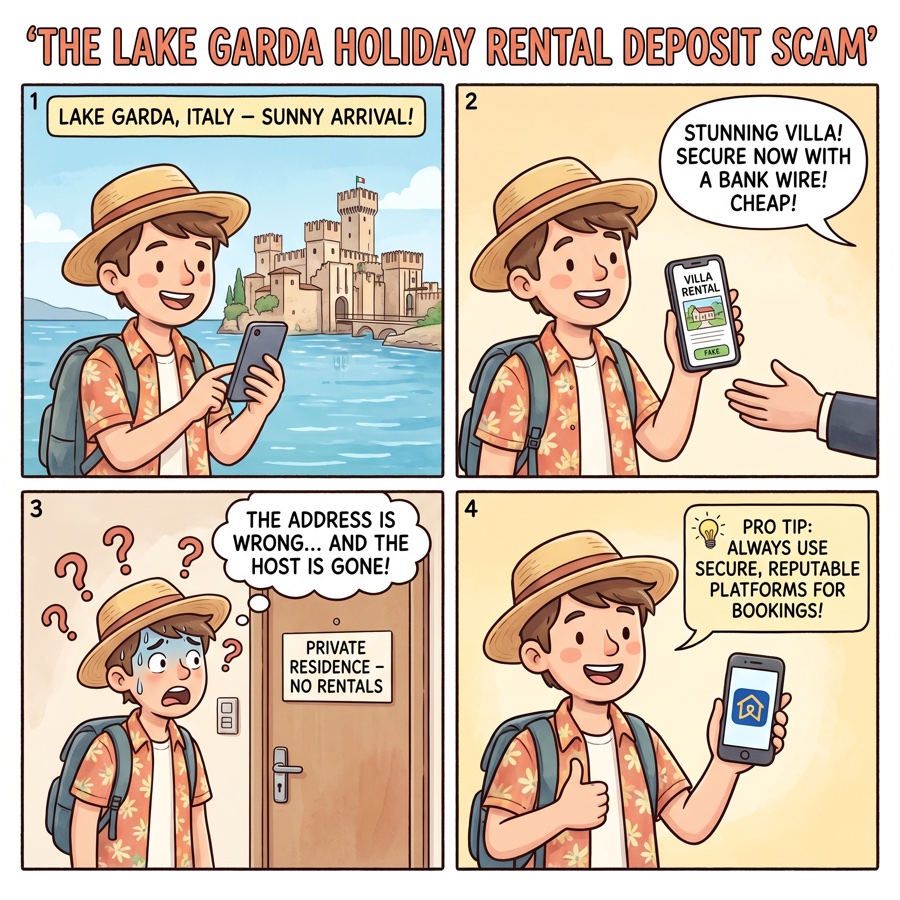 The Lake Garda Holiday Rental Deposit Scam — comic illustration