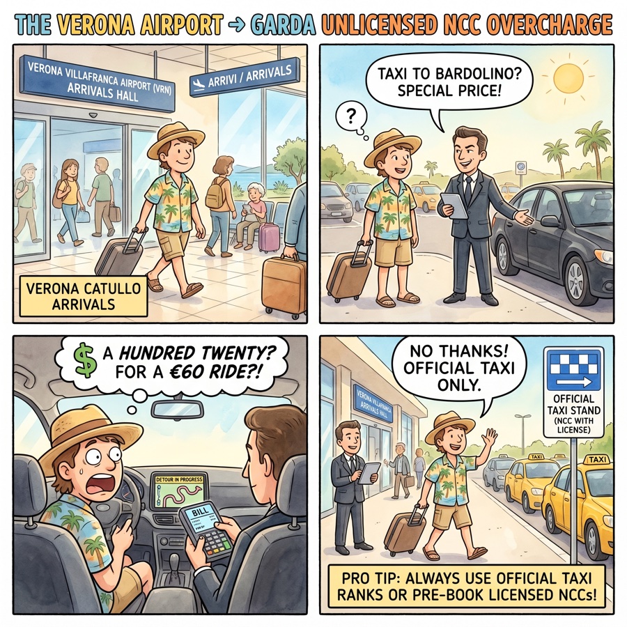The Verona Airport → Garda Unlicensed NCC Overcharge — comic illustration