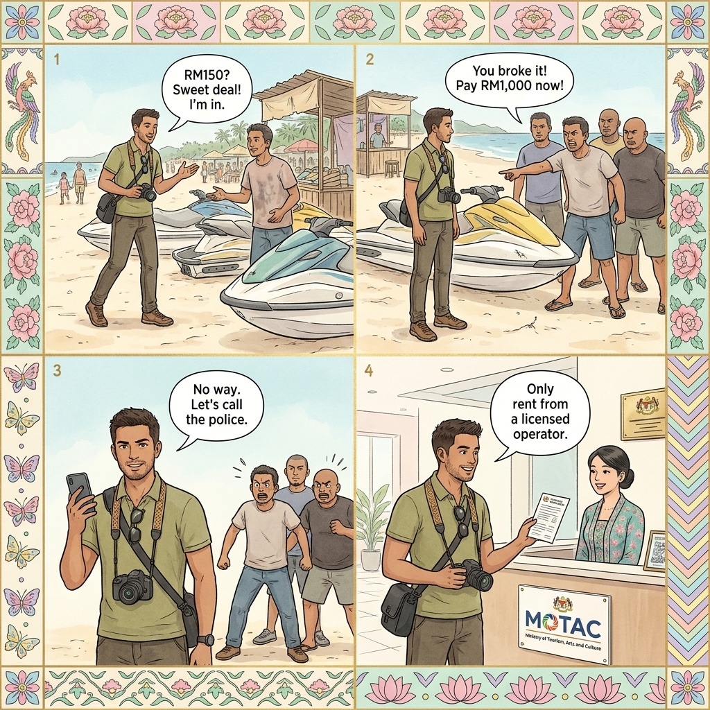 Pantai Cenang Jet-Ski Damage Compensation Shakedown — comic illustration