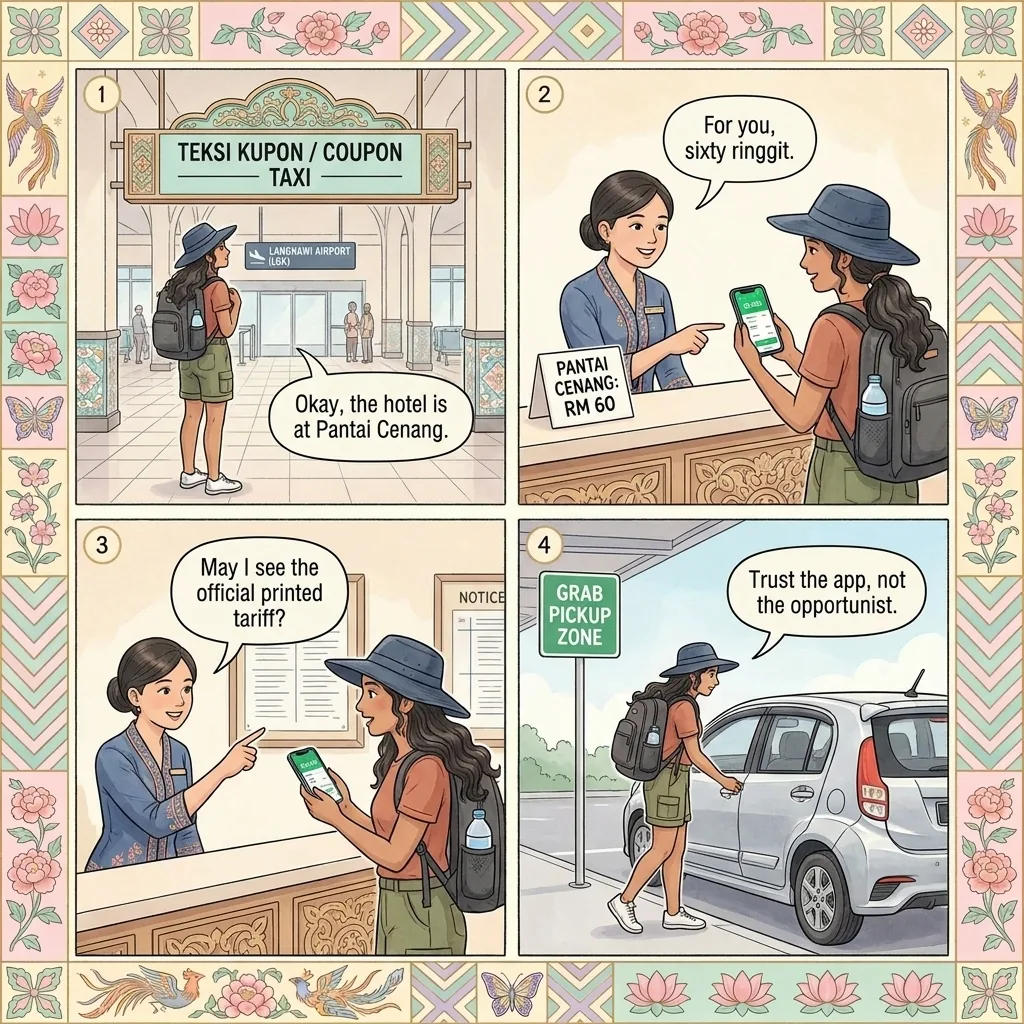Langkawi International Airport (LGK) Coupon-Taxi Overcharge & Grab Cancellation — comic illustration