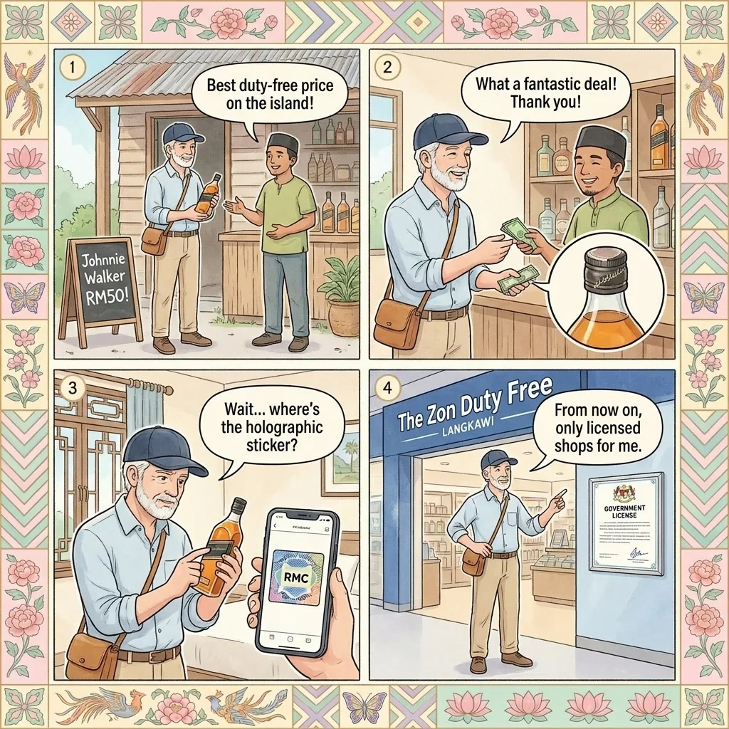 Duty-Free Fake Alcohol & Counterfeit Spirits in Kuah & Pantai Cenang — comic illustration