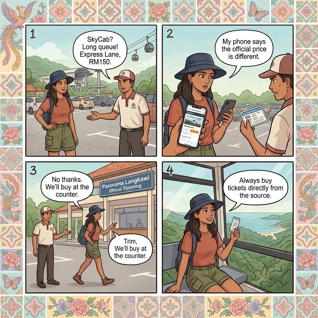 Oriental Village SkyCab/SkyBridge Ticket Tout & 'Express Lane' Scam — comic illustration