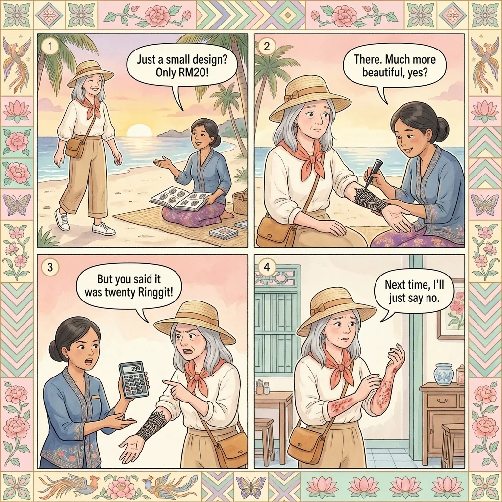 Pantai Cenang Beach Massage, Henna & Hair-Braid Pressure Upsell — comic illustration