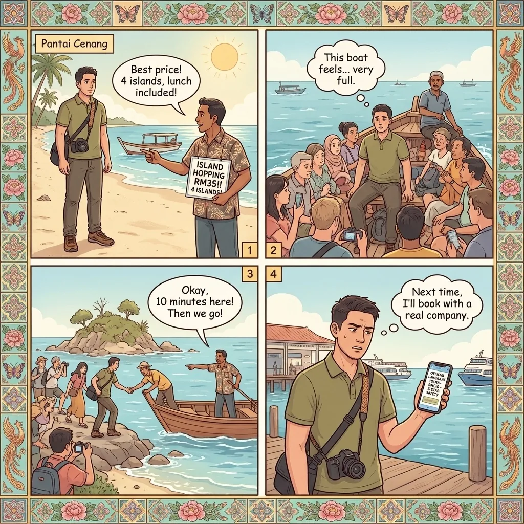 Island-Hopping Boat Bait-and-Switch & Pulau Payar Overcrowding — comic illustration