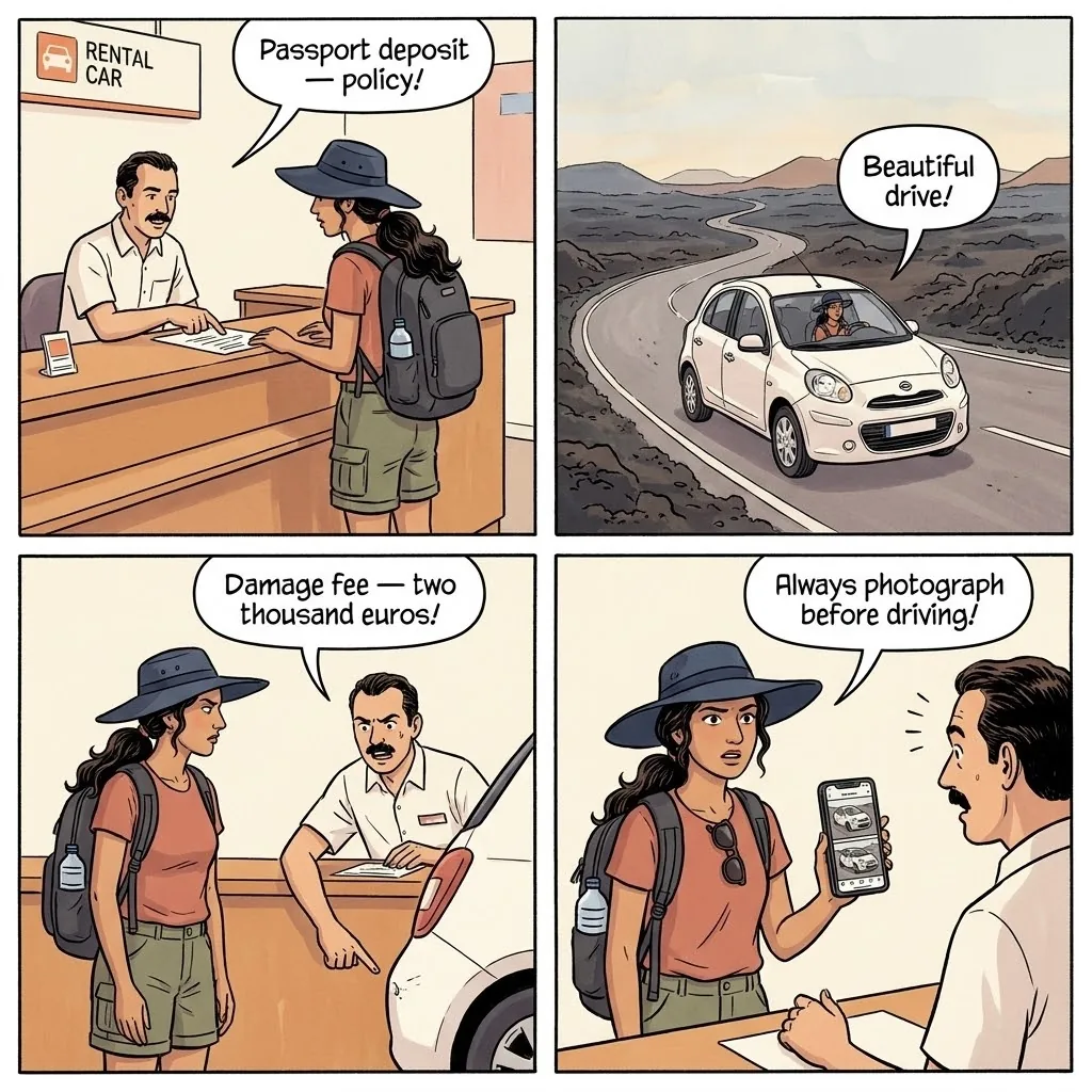 Rental Car 'Scratch Scam' & Post-Return Damage Claims — comic illustration