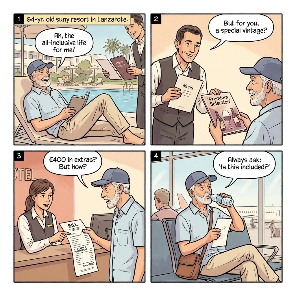All-Inclusive Resort Drink & Dining Upsells — comic illustration