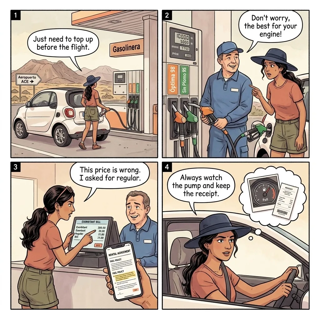 Service Station Fuel & Damage Rip-Offs — comic illustration