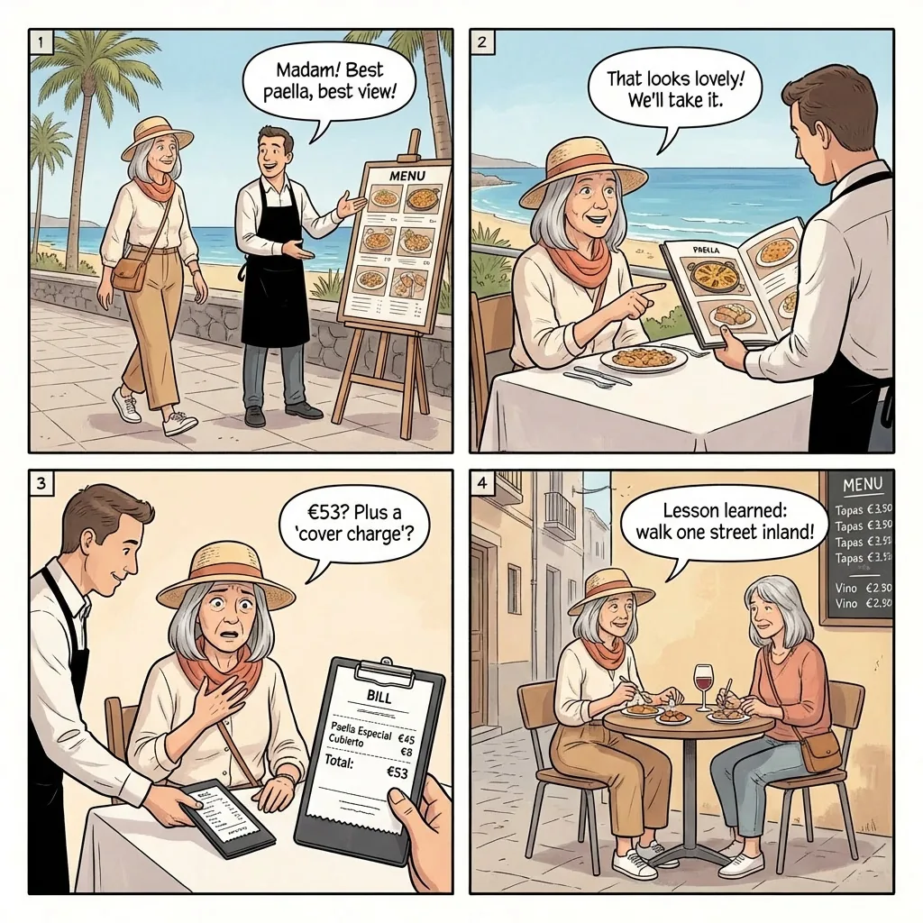 Puerto del Carmen & Playa Blanca Restaurant & Beach-Strip Overcharging — comic illustration