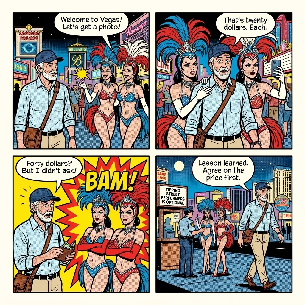 Costumed Character Photo Shakedown — comic illustration
