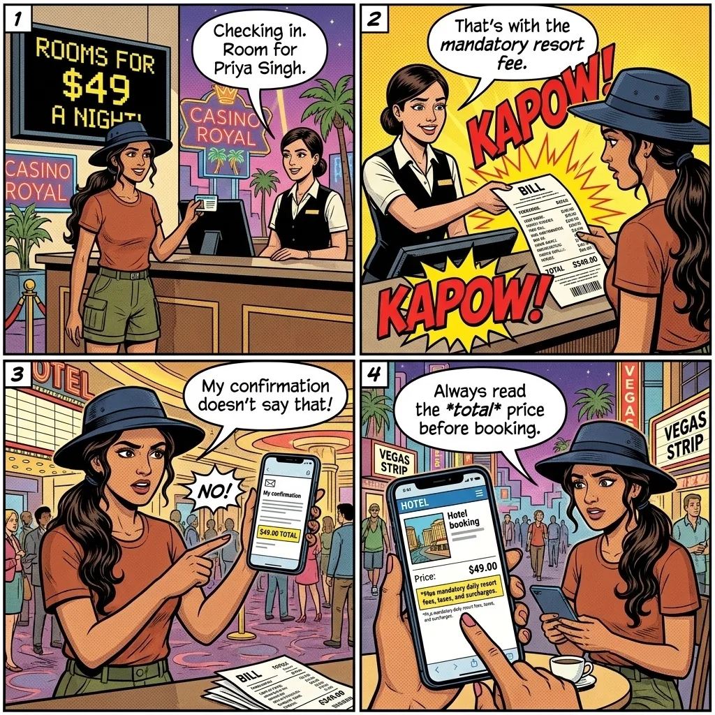 Resort Fee / Hidden Hotel Charges — comic illustration
