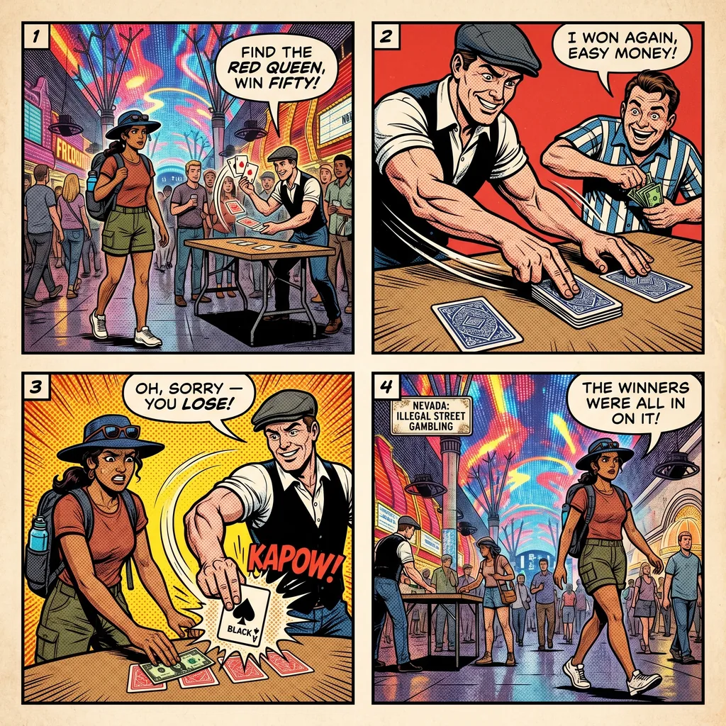 Three-Card Monte and Rigged Street Games — comic illustration