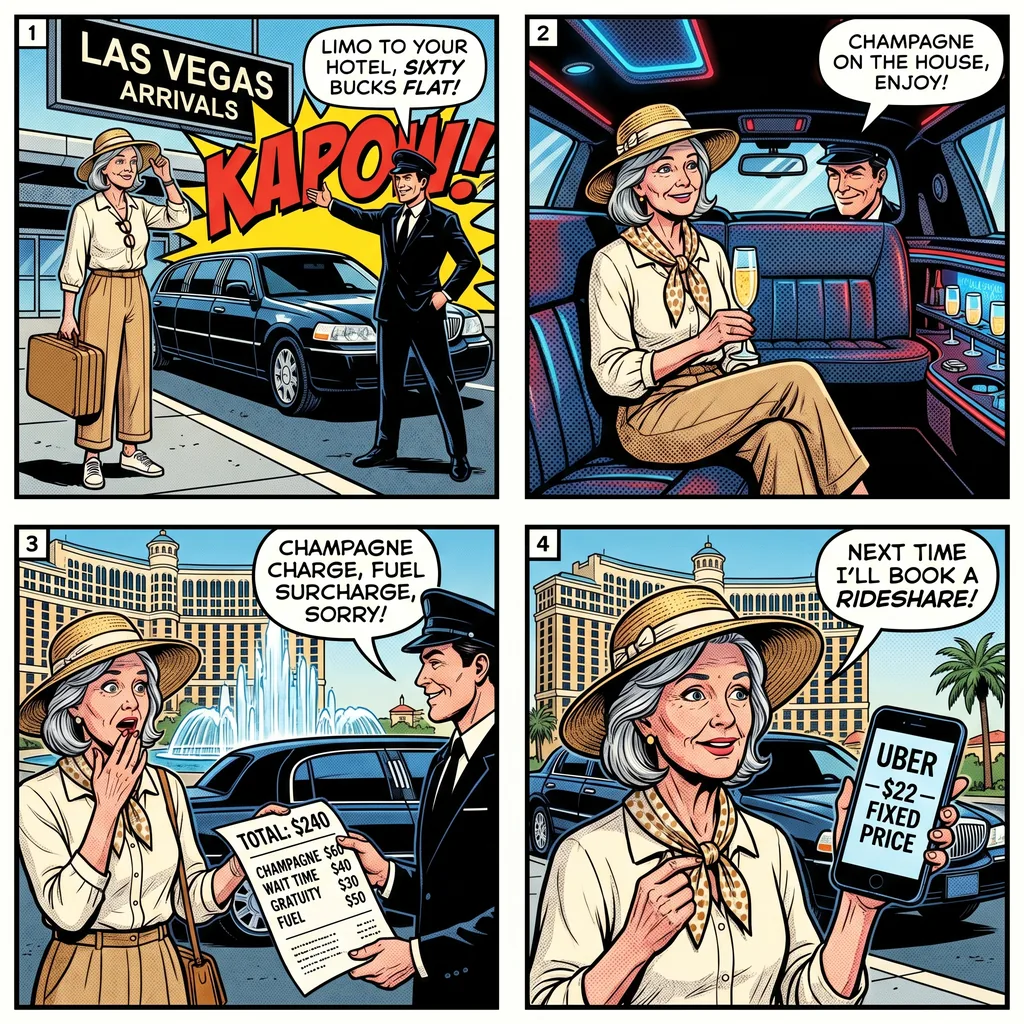 Overpriced Limousine / Party Bus Bait-and-Switch — comic illustration