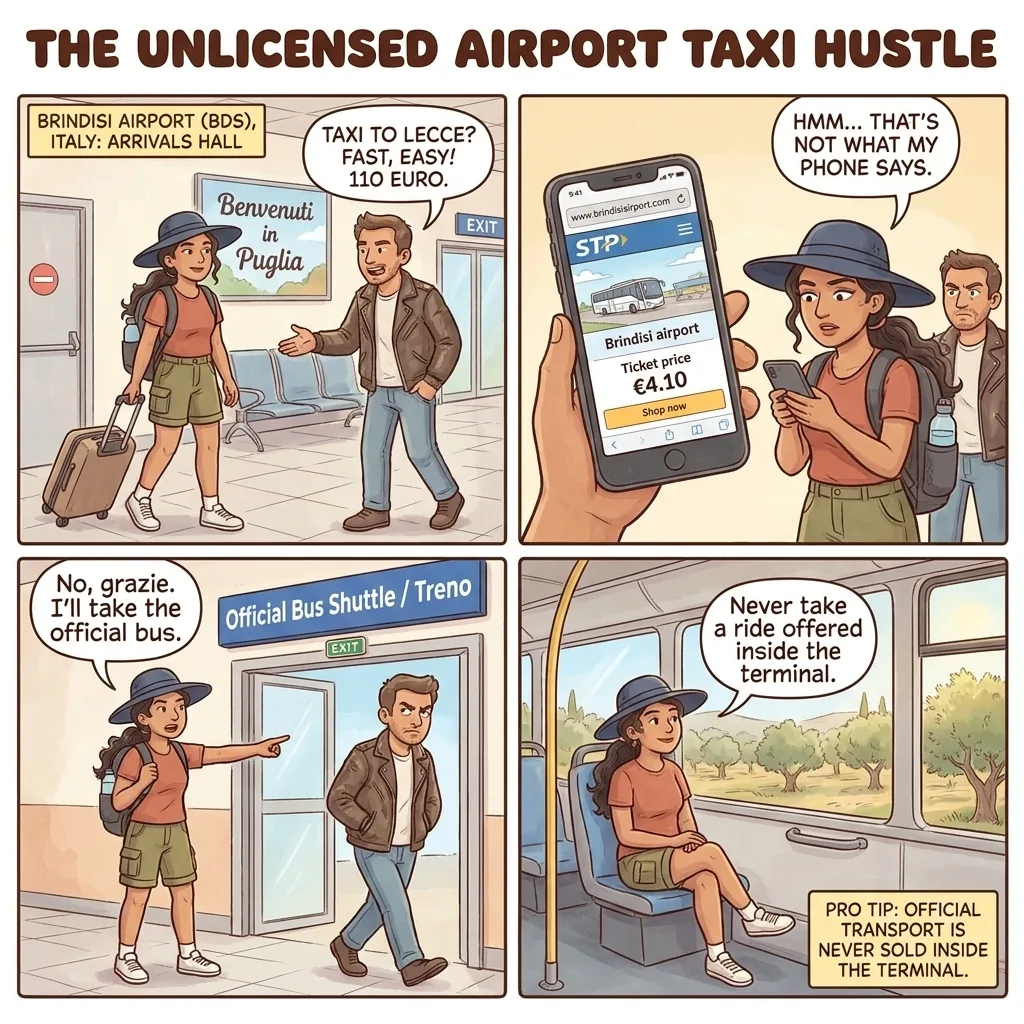 Brindisi Airport Taxi to Lecce Overcharge — comic illustration