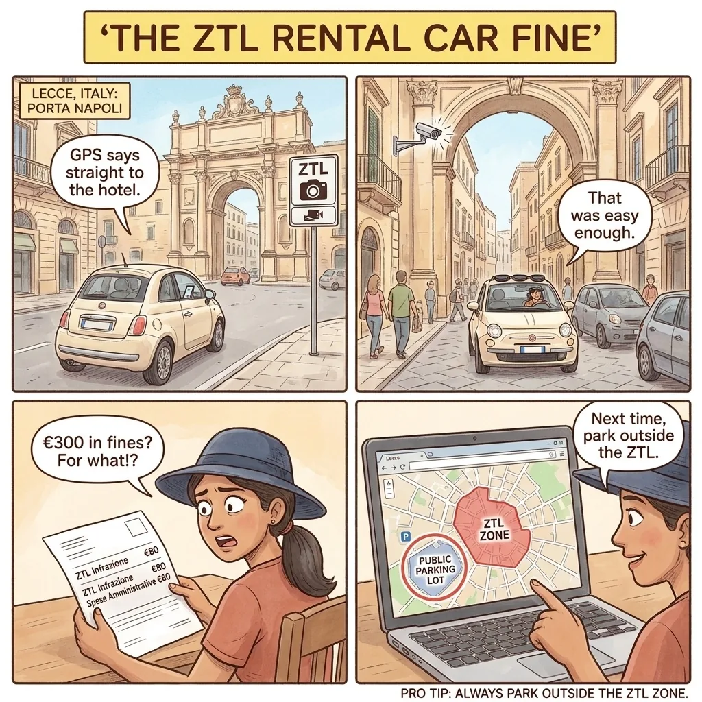 Lecce ZTL Camera Fines Through Rental Cars — comic illustration