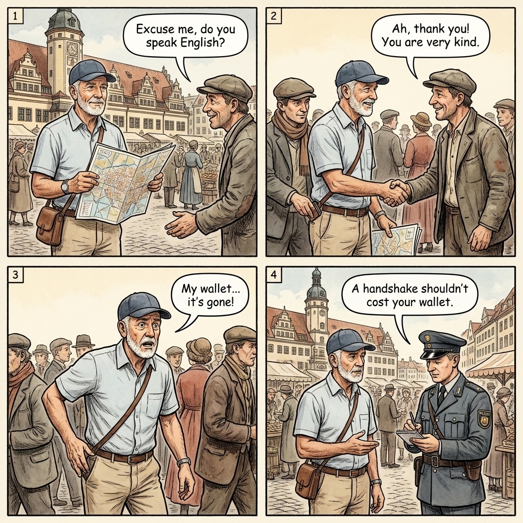 Leipzig Zentrum 'Handshake Scam' & Pickpocket Distraction — comic illustration