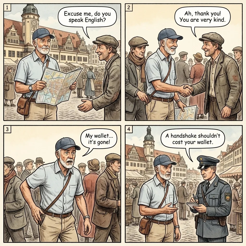 Leipzig Zentrum 'Handshake Scam' & Pickpocket Distraction — comic illustration