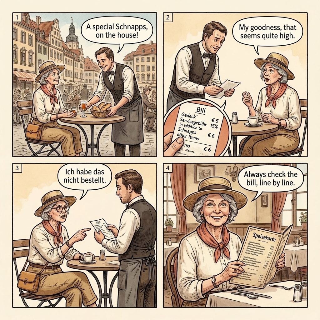 Leipzig Restaurant Bill-Padding & Disputed-Check Scam — comic illustration