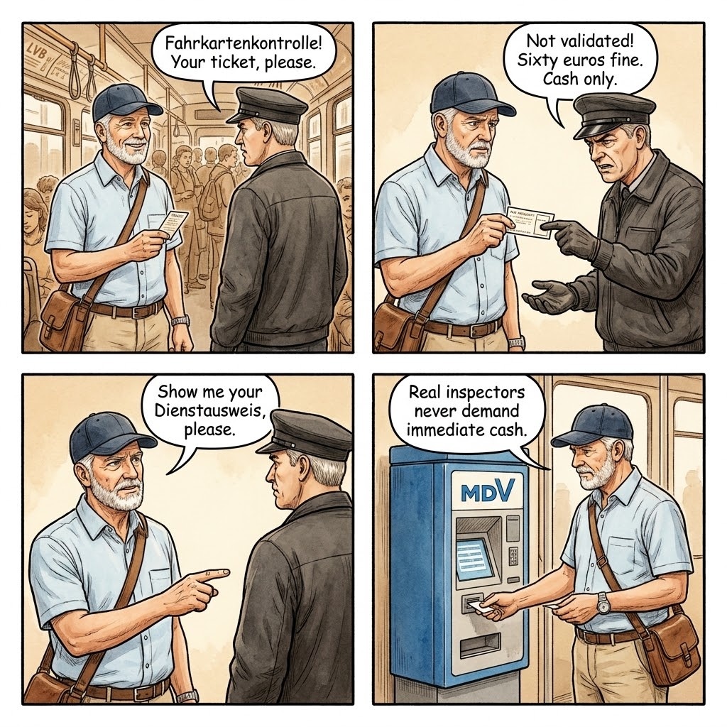 Fake MDV / LVB Ticket Inspector Cash Demand — comic illustration