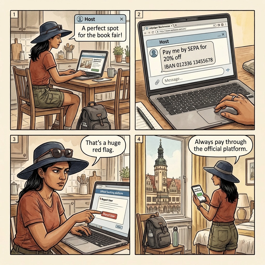 Leipziger Messe-Week Accommodation Fraud & Germany-Wide Rental Scheme — comic illustration