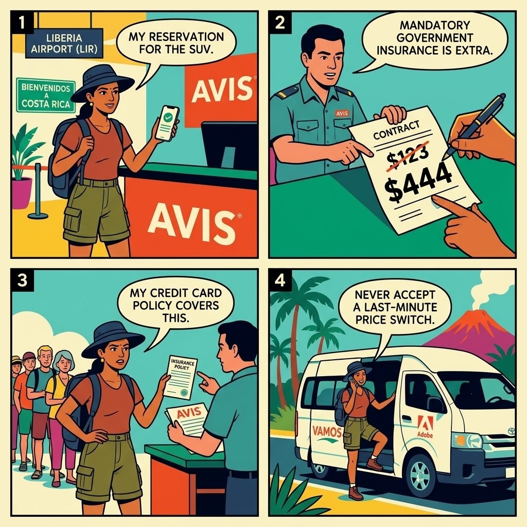 Avis LIR 'Mandatory Insurance' Bait-and-Switch — $123 Online Becomes $444 at the Counter — comic illustration