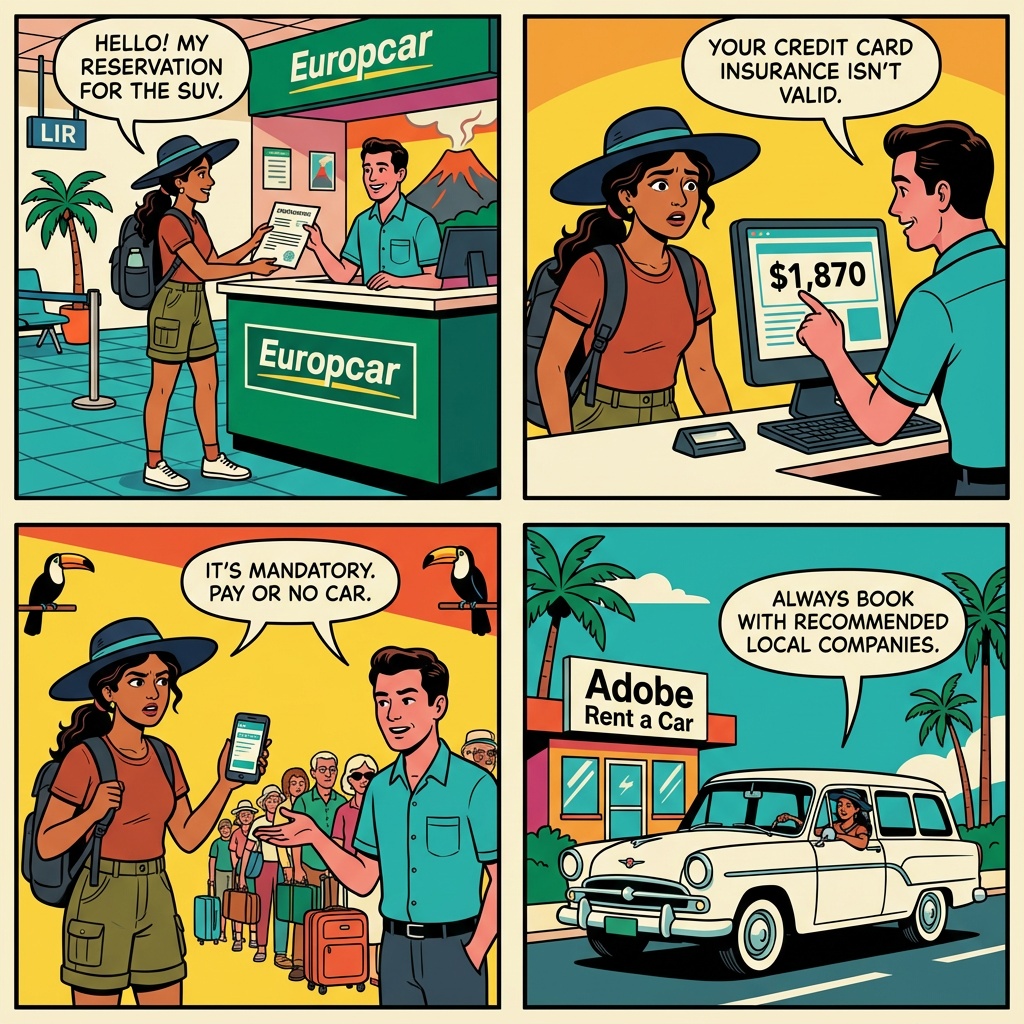 Budget / Hertz / Fox / Europcar LIR Counter Phantom-Fee Stack — $800 Rental Becomes $1,800 — comic illustration