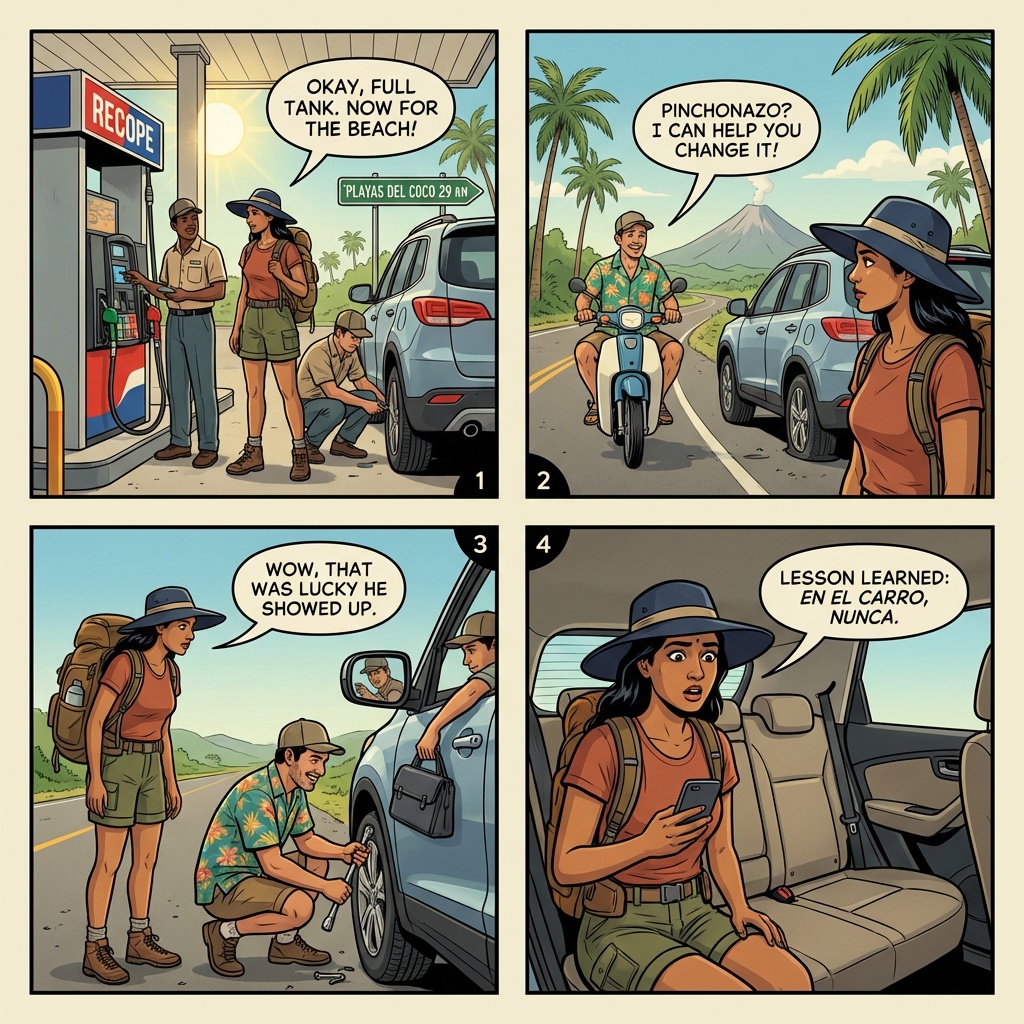 Pinchonazo / Flat-Tire Robbery on Route 21 and the Liberia Gas-Station Circuit — comic illustration