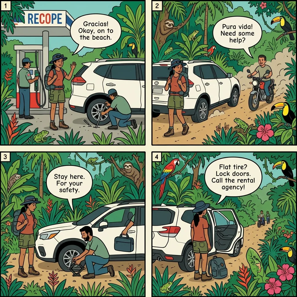 Pinchonazo Flat-Tire Robbery on Route 21 — comic illustration