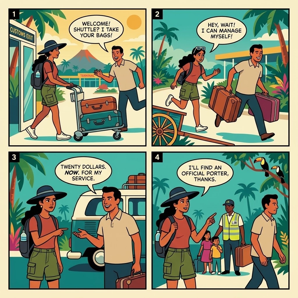 Unofficial Airport Porter / Luggage Grab at LIR Arrivals — $20 Tip Demanded at the Curb — comic illustration