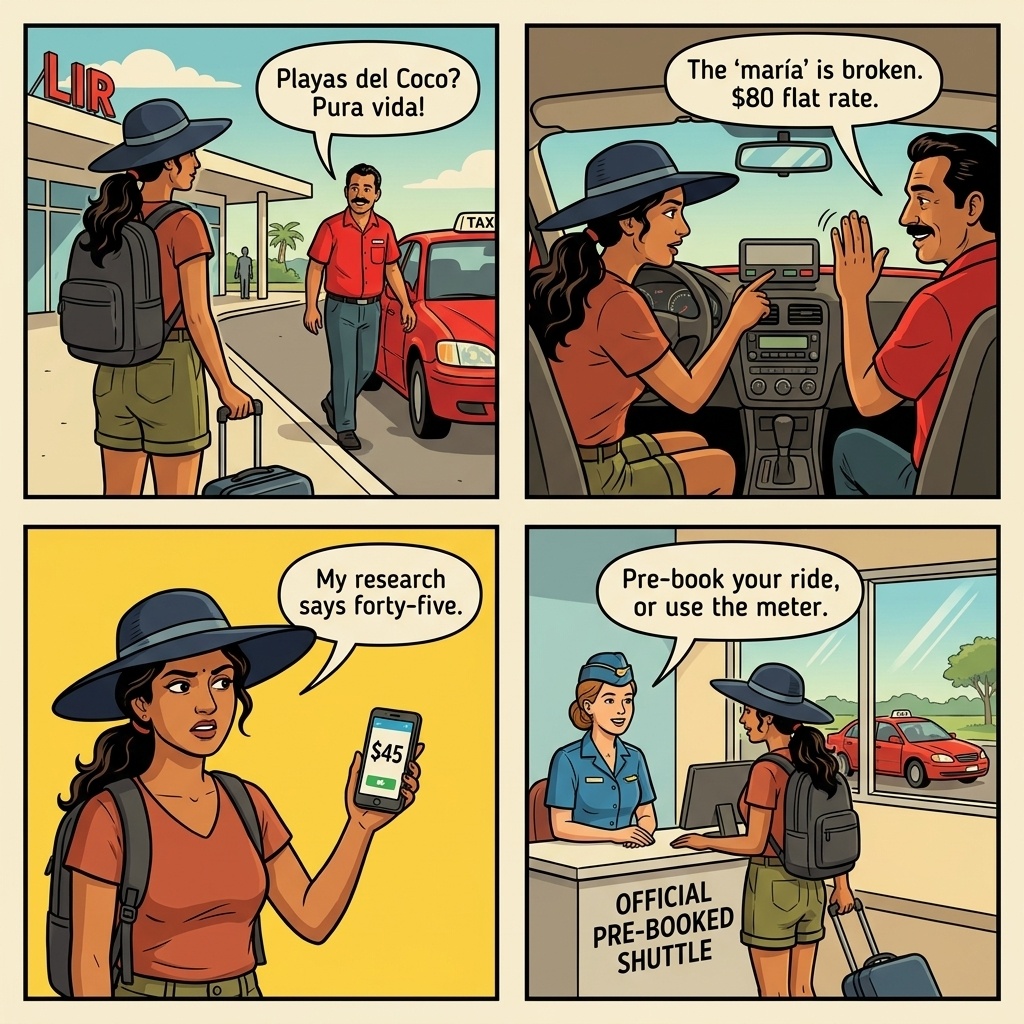LIR Airport Taxi 'Broken Meter / Flat Rate' Overcharge — $80 for a $45 Playas del Coco Run — comic illustration