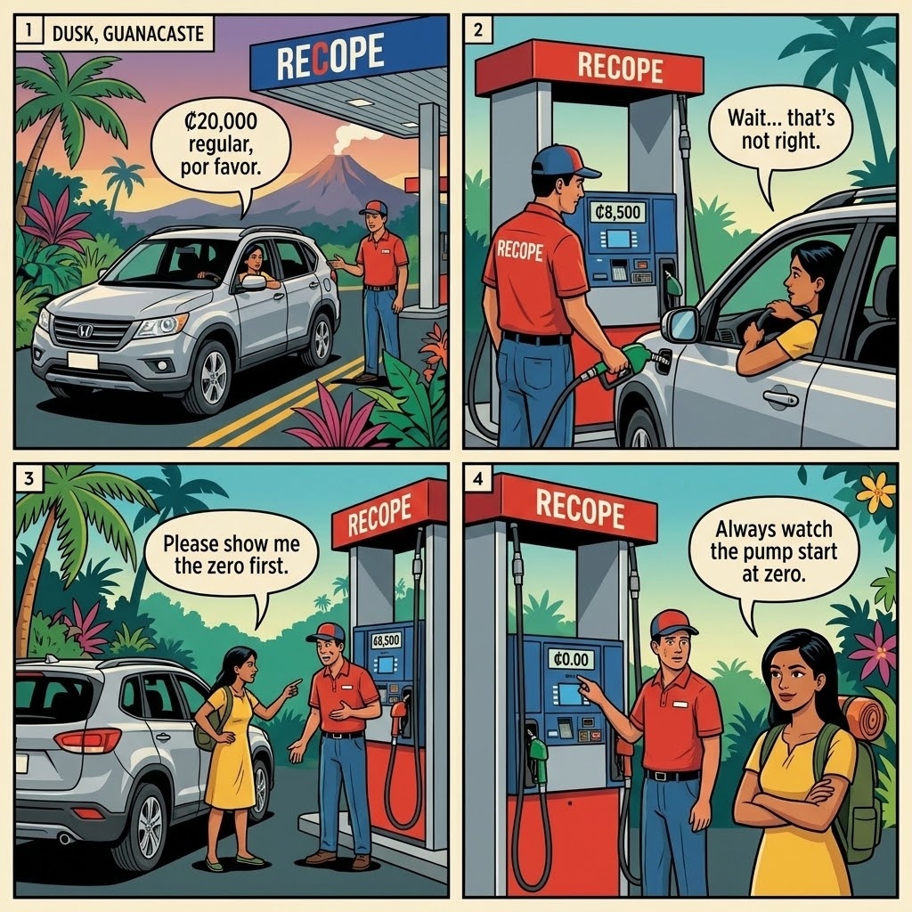 Gas Station 'Pump Not Zeroed' + Short-Change Colón-Dollar Swap — Delta / Recope Stations — comic illustration