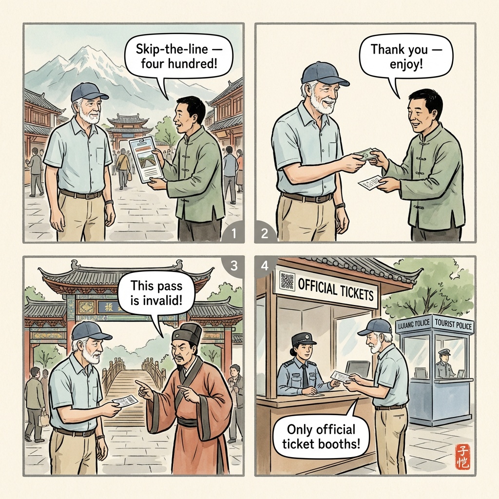 Lijiang Old Town Entry Fee Confusion & Fake Tickets — comic illustration