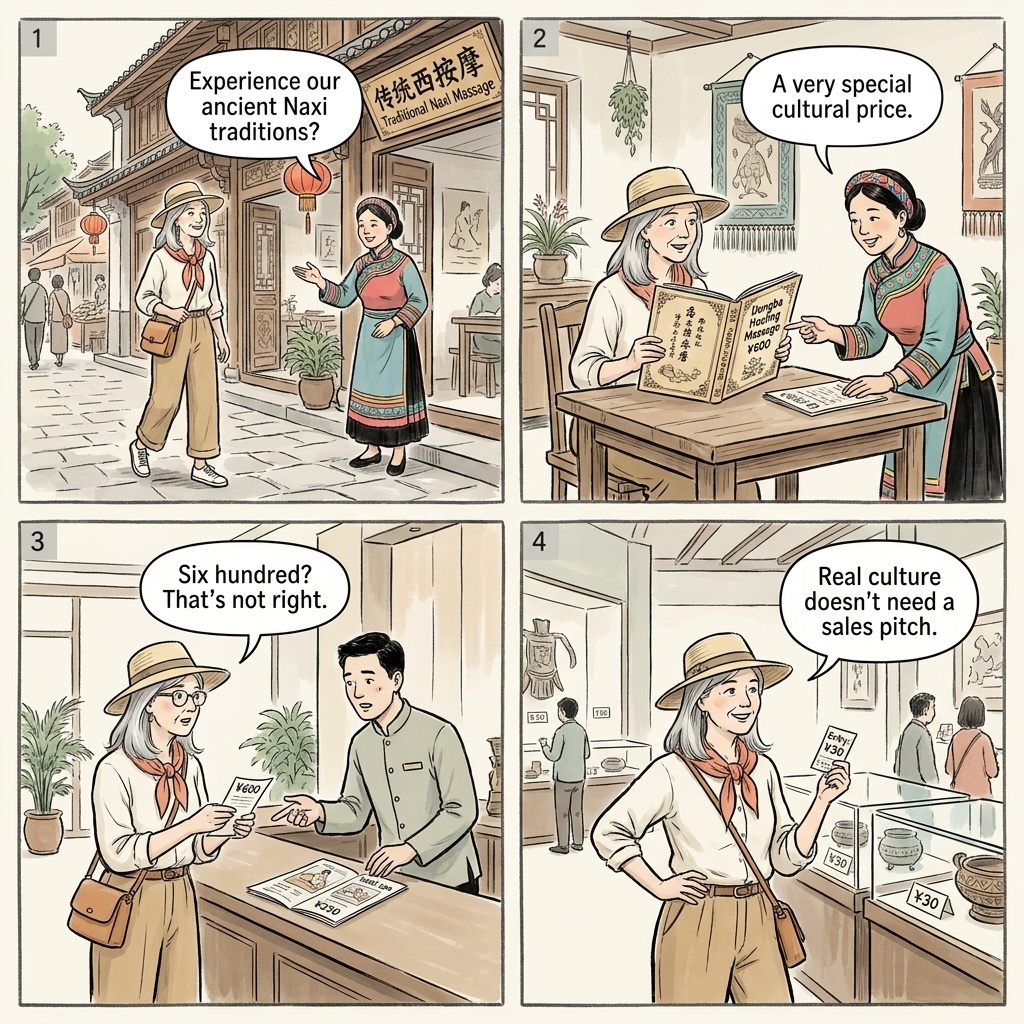Lijiang Naxi Massage & 'Minority Cultural' Overcharge — comic illustration